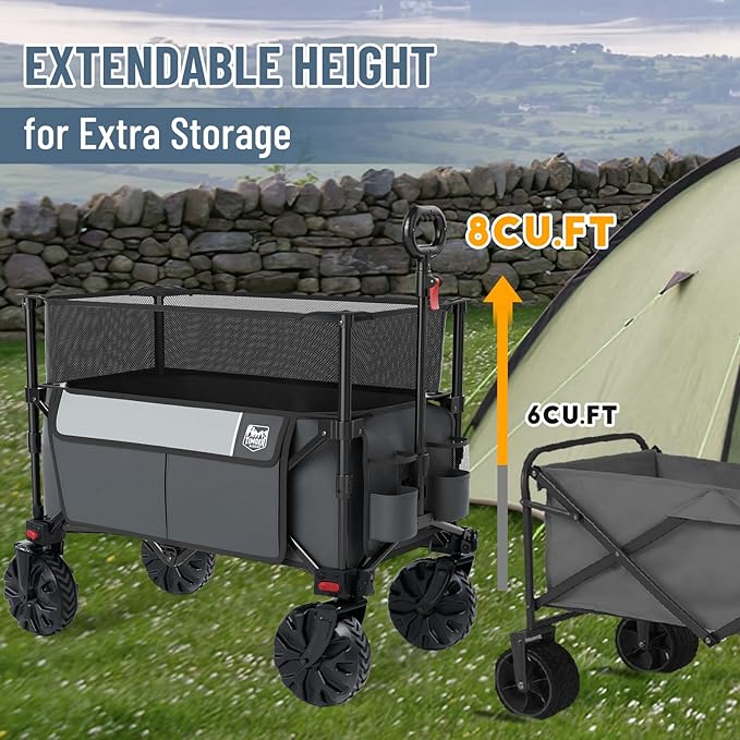 TIMBER RIDGE Foldable Wagon 350L Extendable Height, 300LBS Capasity Collapsible Wagon Cart with All Terrians Detachable Wheels, Compact Folding Utility for Camping, Fishing, Shopping (Gray)