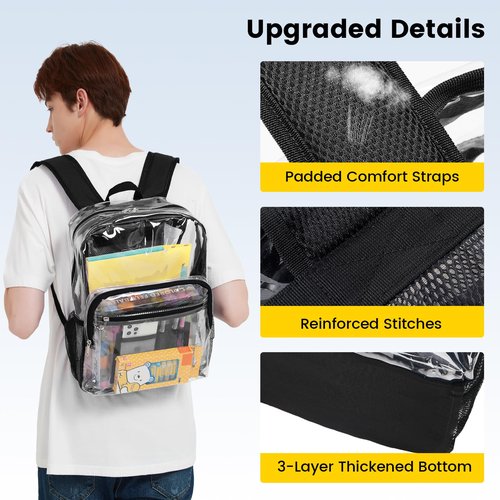Vorspack Clear Backpack Heavy Duty - Clear Bookbag Large See Through Backpack Plastic Transparent Backpacks for College Work Travel - Black(2 Pack)