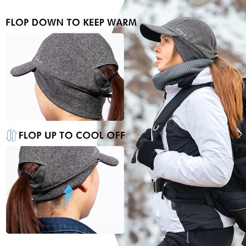 TOP-EX M/L/XL Waterproof Baseball Cap for Men with Ear Muffs Running Beanie with Ponytail Hole Reflective Winter Hat Cold Weather Fleece Lining Hat Black Big