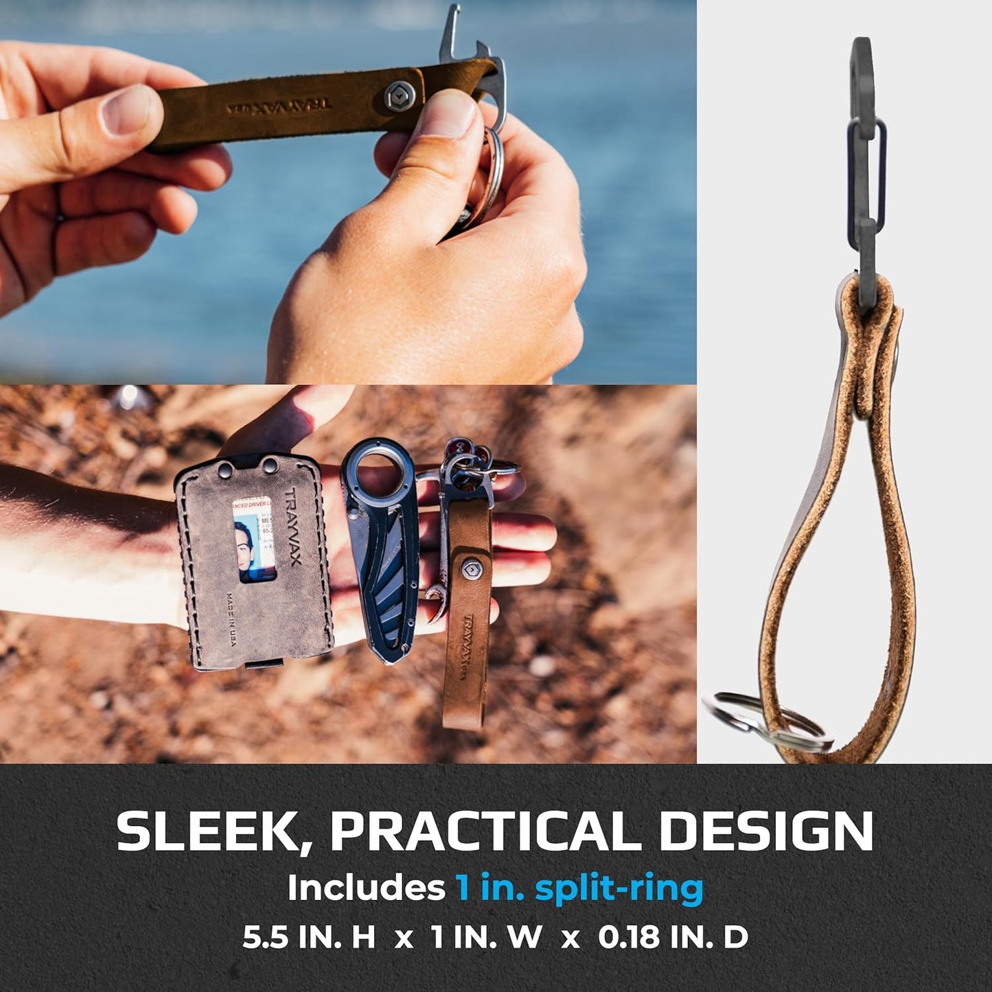 Trayvax Keyton Leather Keychain, Quick Release Carabiner Clip Key Chain for Men and Women, Stainless Steel