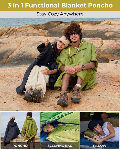 KingCamp Camping Blanket Poncho, Wearable Honcho Hoodie Reversible Cape Windproof Water-Repellent Recycled Ponchos with Snap Buttons for Outdoor Hiking Stadium Travel Black, 66" x 48"
