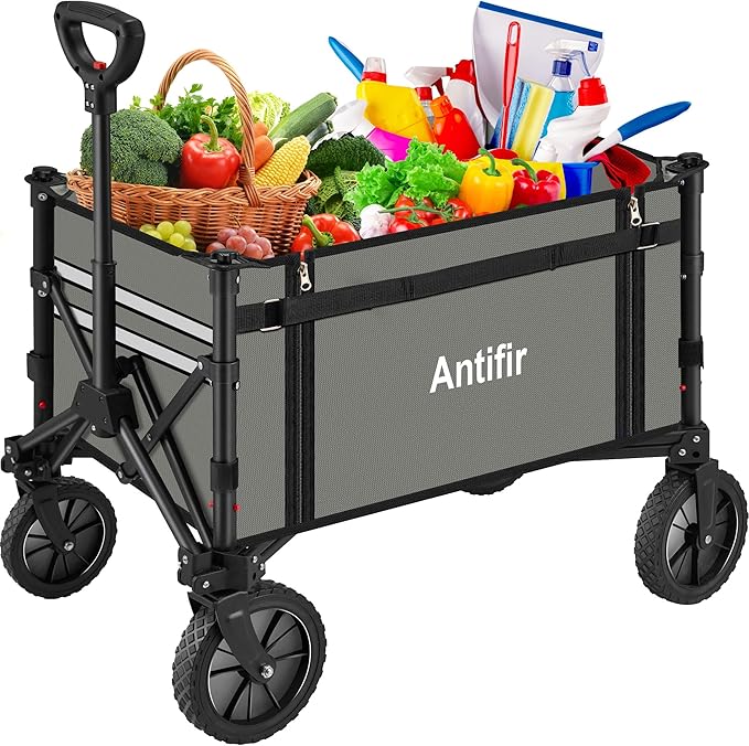 Collapsible Wagon Carts,Folding Wagon Cart with All Terrain Wheels,Heavy Duty Garden Carts with Adjustable Handle,Outdoor Utility Wagon for Camping Shopping Sports Fishing (Gray)