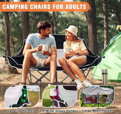 Double Camping Chairs, Oversized Loveseat Camping Chairs for Adults, Outdoor Folding Chairs Lawn Chairs Camping Couch with Cup Holder & Wine Glass Holder for Outside - Support 600Lbs (Grey)