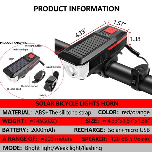 Bike Horn Headlight Solar/USB Dual Charging Bike Horn Light High Brightness Bike Headlight Waterproof Bike Horn Light Ideal for Mountain and Road Night Riding Essential Gear for Night Cycling (Red)