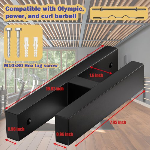 MIUONO Barbell Holder, Wall Mount Barbell Storage Hanger for Vertical Barbell Wall Rack, Garage Gym Olympic Bar Holder, Fits Under 40 mm Bar in Size, 2 Pack