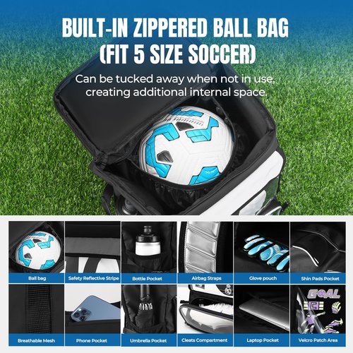 POIXM Soccer Backpack, Soccer Bags for Boys All-in-One Design with Separate Cleat, Jersey, Ball, and Laptop Compartments, Gifts for Boys