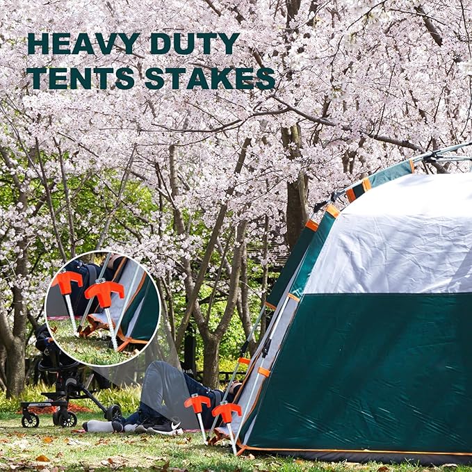 20PCS Camping Tent Stakes Heavy Duty,8 Inch Screw in Tent Stakes Heavy Duty,Nightglow Metal Tent Stakes,with Hex Head Driver,Nail Lifter,Ropes,Orange
