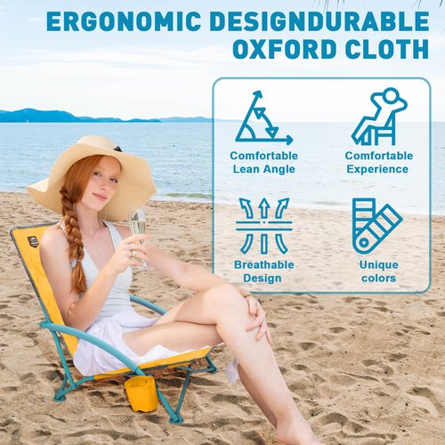 LANMOUNTAIN 2 Pack Low Beach Chair,Folding Recliner Camping Chair for Adults,Lightweight Backpacking Low Seat Camping Chairs with Cup Holder, Carry Bag for Outdoor Camp Lawn Picnic Festival,Yellow