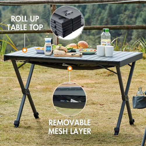 PORTAL Folding Outdoor Camping Table with Adjustable Height, Aluminum Roll-Up Top and Carry Bag, Big Large Portable Tables for Picnic, BBQ and Tailgating, Dark Gray