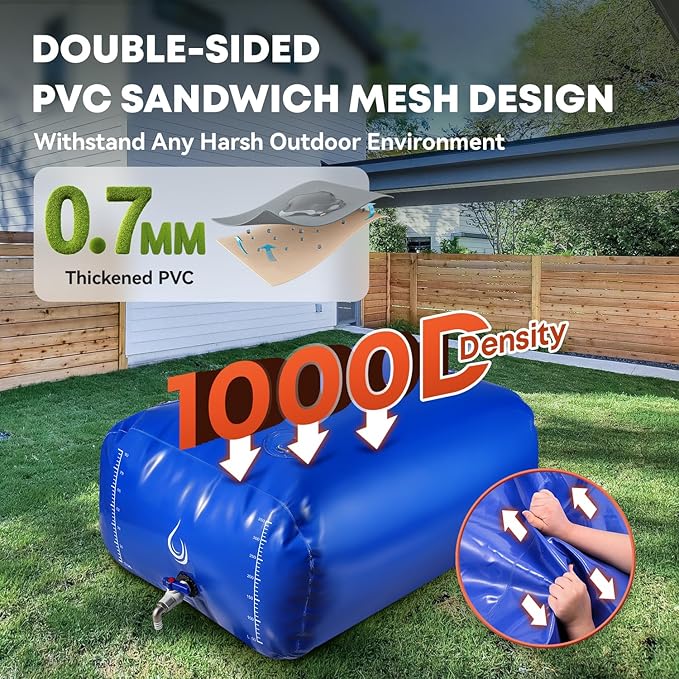 LANUEVA 105 Gal/400L Portable Water Storage Bladder, 1000D PVC Foldable Water Tank with Spigots and Overflow Kit, Water Storage Containers for Emergency Water, RV, Irrigation&Camping (Blue, 400L)