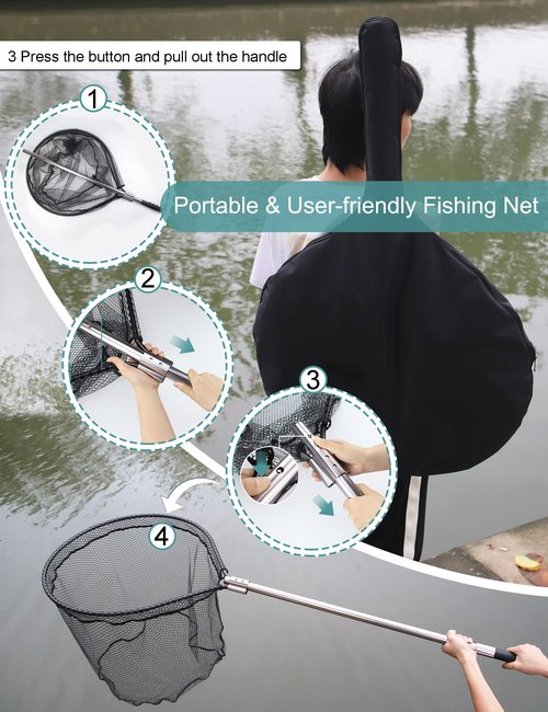 Avlcoaky Rubber Saltwater Fishing Net Large Fishing Landing Fishing Net with Telescoping Handle Kayak Fishing Nets Trout Salmon Fish Net with Bag Extend 70 to 94inch Net Depth 27.5inch