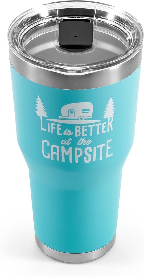 Camco Life is Better at The Campsite Tumbler | Heavy Duty Double Wall Vacuum Insulation | Crafted of 18/8 Stainless Steel | Unique “Life is Better at The Campsite” Design on Coral Pink | 20-oz (53061)