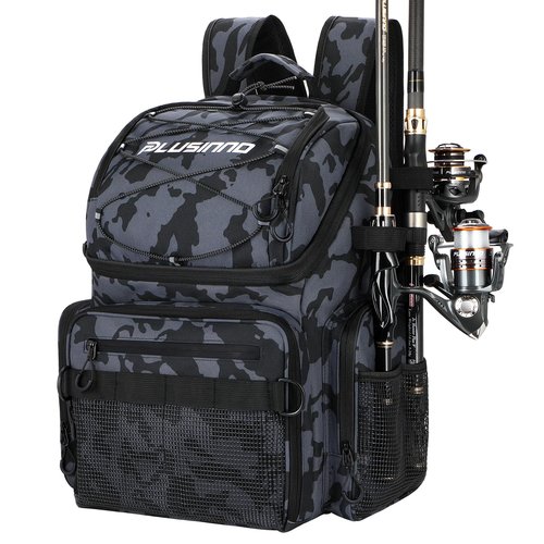 PLUSINNO Fishing Backpack with Rod Holders & Cooler, 45L Large Water-resistant Tackle Bag, Black Camo