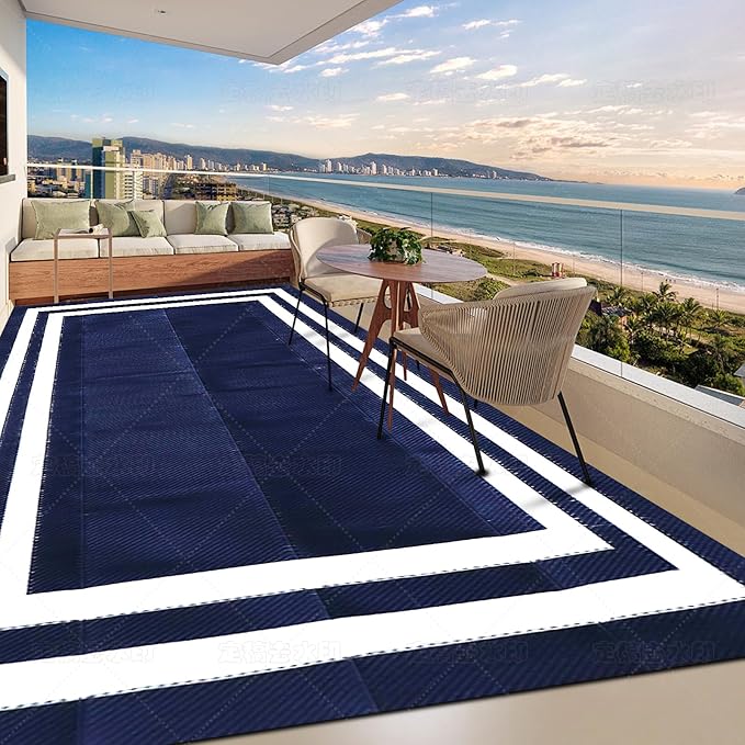 5'x 8' Outdoor Rug,Waterproof Reversible Patio Rugs,5x8 ft Plastic Straw Outdoor Carpet Foldable Plastic Camping Mat for Outside RV, Patio,Picnic,Camper,Balcony,Porch(Navy Blue &White)