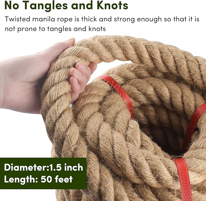 Manila Rope 1.5in x 50ft,Natural Thick Rope,Large Decorative Hemp Ropes Great for Gardening,Railings,Hammock Nautical