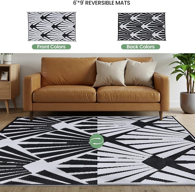 Outdoor Rug for Patio, 6x9 Ft Reversible Outdoor Plastic Straw Rug Waterproof Foldable Camping Mat with Uv Protection, Quick-Dry Straw Patio Carpet for Deck Rv Porch Backyard - Black & White