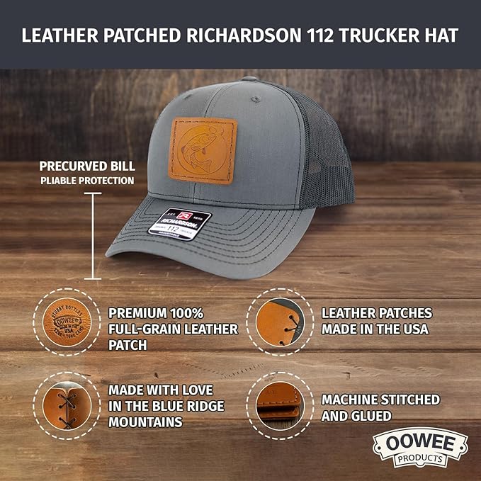 Leather Patch Hat for Men - Richardson 112 Trucker Hat w/Full-Grain Leather Patch, Laser-Engraved, Machine-Stitched