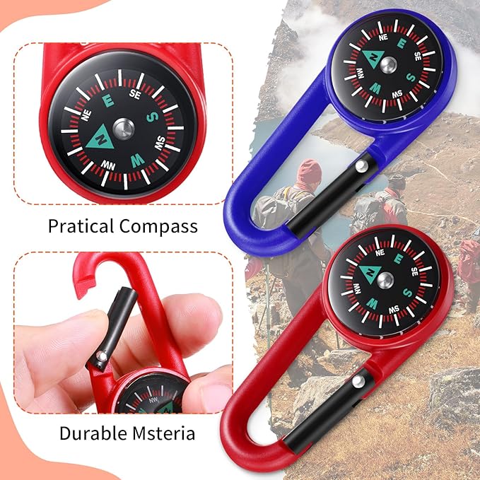 TOODOO 32 Pcs Compass Keychain for Kids Adventure Camping Small Keychain Belt Clips With Holes Compass Metal Buckle Keychain Outdoor Camping Party Favors