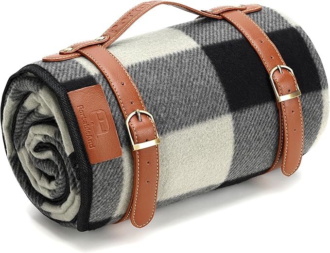 PortableAnd Picnic Blankets, 3 Layer Soft Fleece Blanket for Beach,Camping on Grass, Waterproof, Sandproof, Best Gift for Couple & Families, Black and Gray Checkered
