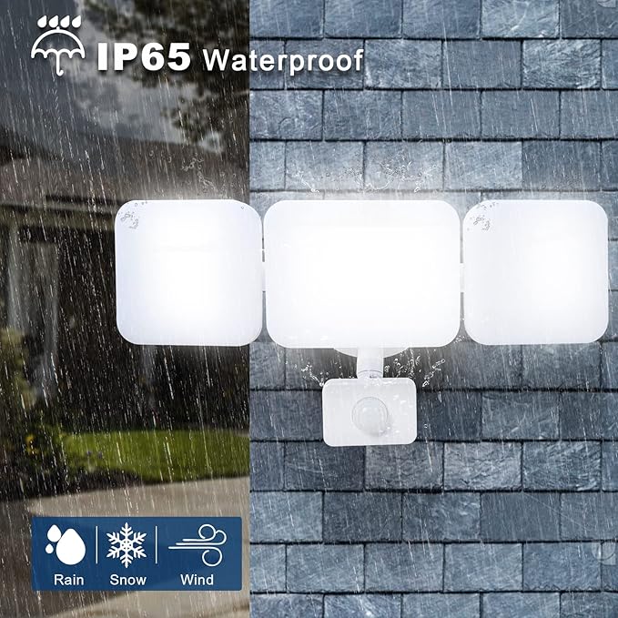 EMANER Outdoor Motion Sensor Light, LED Security Light 45W Exterior Dusk to Dawn & Motion Detector Adjust, 3-Head Frosted Lens 5000K, Corded Floodlight for Garage/Porch/Front Door, (1-Pack, White)