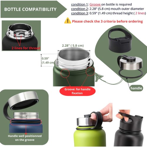 2 Water Bottle Lids W/Handle — Flip-Flop Lid & Stainless Steel Lid — Leak Proof & Insulated Gym Bottles Flip Lids for Wide Mouth Bottle — Compatible w/most Sports Water Bottle from 12-64 Oz