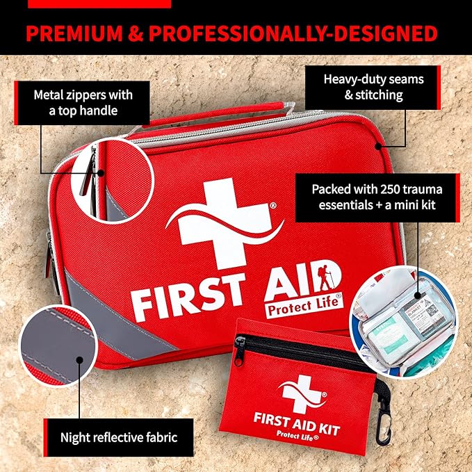 Protect Life First Aid Kit for Home/Business, HSA/FSA Eligible Emergency Kit - Medical First Aid Kit - Camping First Aid Kit Hiking - 250pcs
