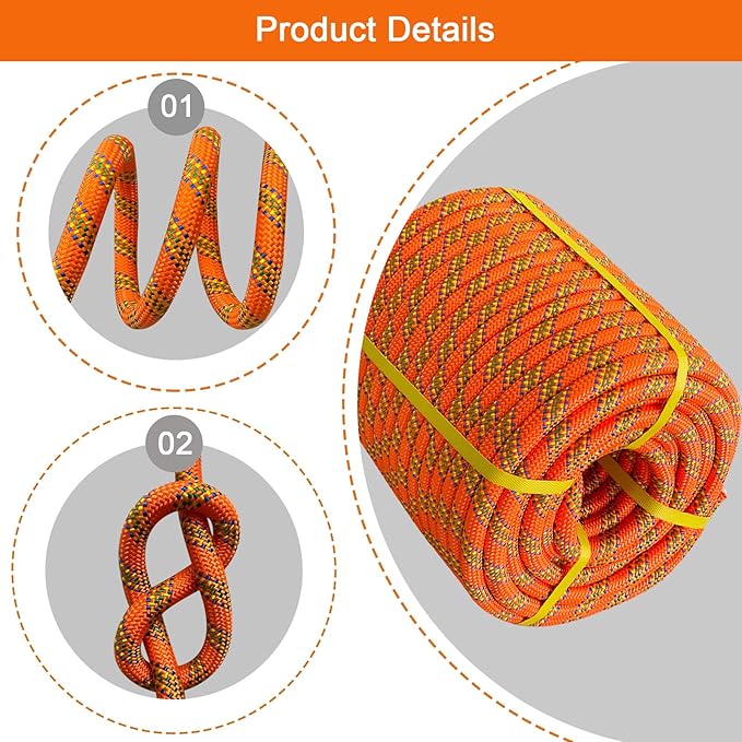 Double Braided Arborist Rope - 3/4 Inch x 200 Feet Polyester Rope - High Strength Climbing Rope for Tree Work, Halyard, Sailing (Orange)