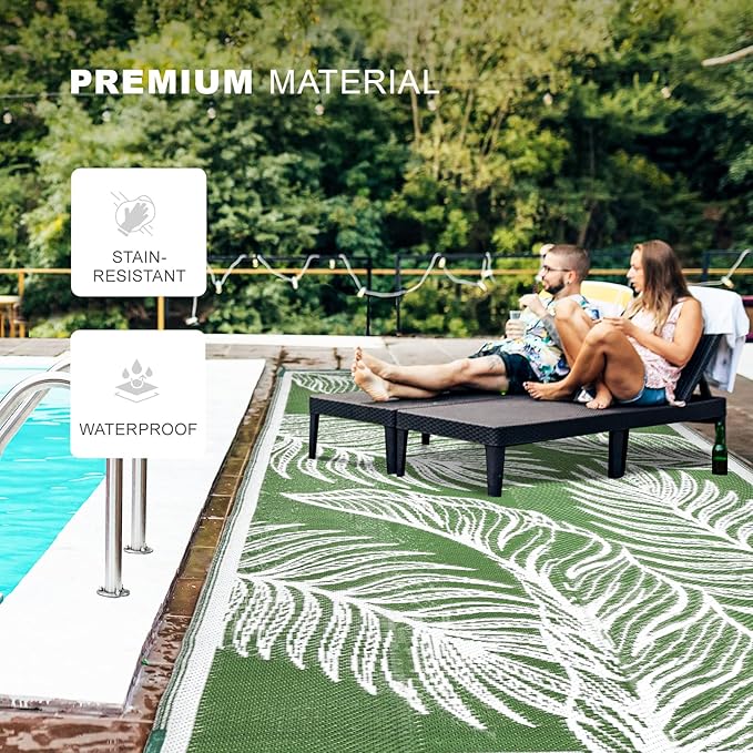 wikiwiki Outdoor Rug, 5x8ft Waterproof Reversible Mat Indoor Outdoor Rugs Carpet, Small Area Rug Plastic Straw Rug for Patio Deck Balcony Pool RV Camping Beach Picnic, Green, Rugscape Series