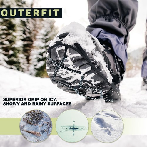Outerfit Ice Cleats for Shoes and Boots Men and Women, Overshoe Non-Slip Crampons with Zinc Coated Steel Coils, Shoe Spikes for Snow and Ice, Snow Cleats, Ice Grips for Hiking, Fishing, Walking