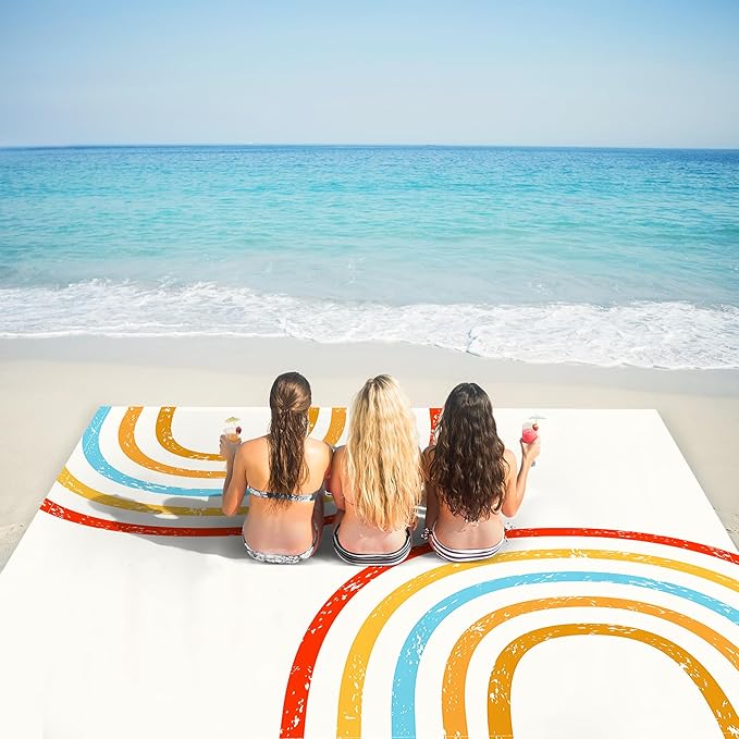 Beach Blanket Waterproof Sandproof, Extra Large Sand Free Beach Mat, Big Compact Lightweight Quick Drying Picnic Blanket with 4 Stakes & Pockets for Camping, Travel, Hiking, Essentials for Outdoor