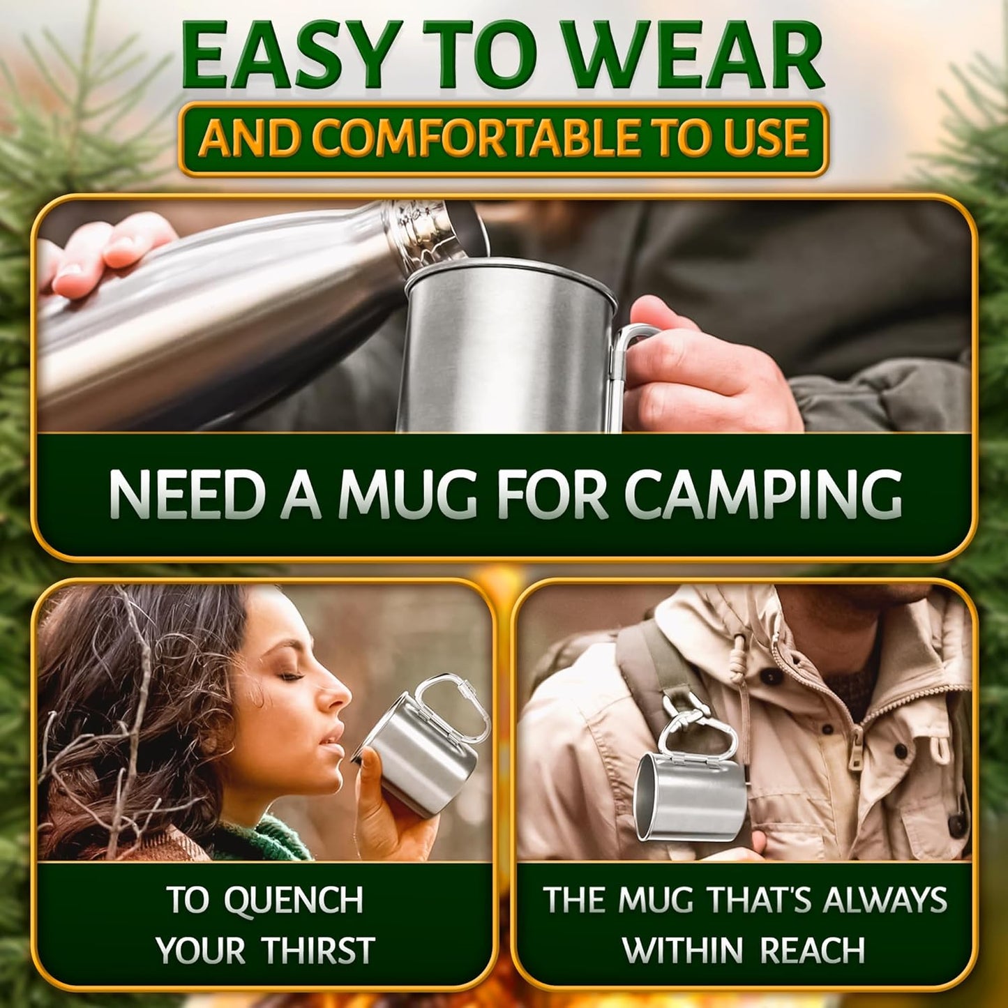 Stainless Steel Mug with Handle - Coffee Camping Mug with Carabiner Handle Portable Backpack Outdoor Cup Lightweight Camping Gear for Men - 13.5Oz Backpacking Coffee Cup Hiking Gift Climbing Mug
