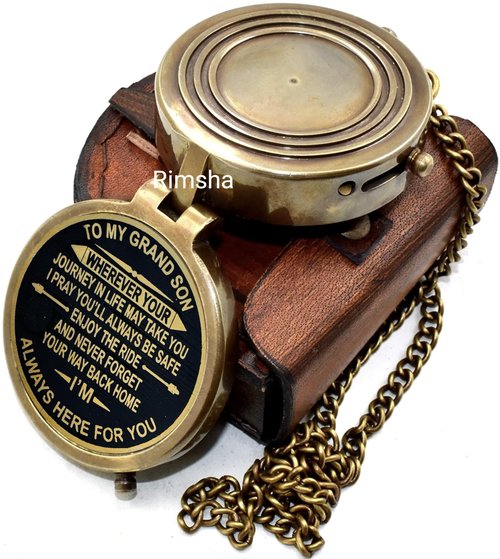 to My Grand Son Always Here for You Brass Compass Gift for Grandson Engraved Quote, Memory Present to My Grandson Birthday, Baptism, Graduation, Love, Gift idea by Grandpa Grandma