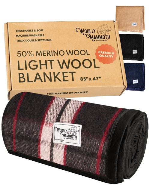 Woolly Mammoth Wool Blanket - 50% Wool, Warm Thick Travel & Outdoor Cover - Machine-Washable Winter Throw (85 x 47 in, Grey/White/Red)