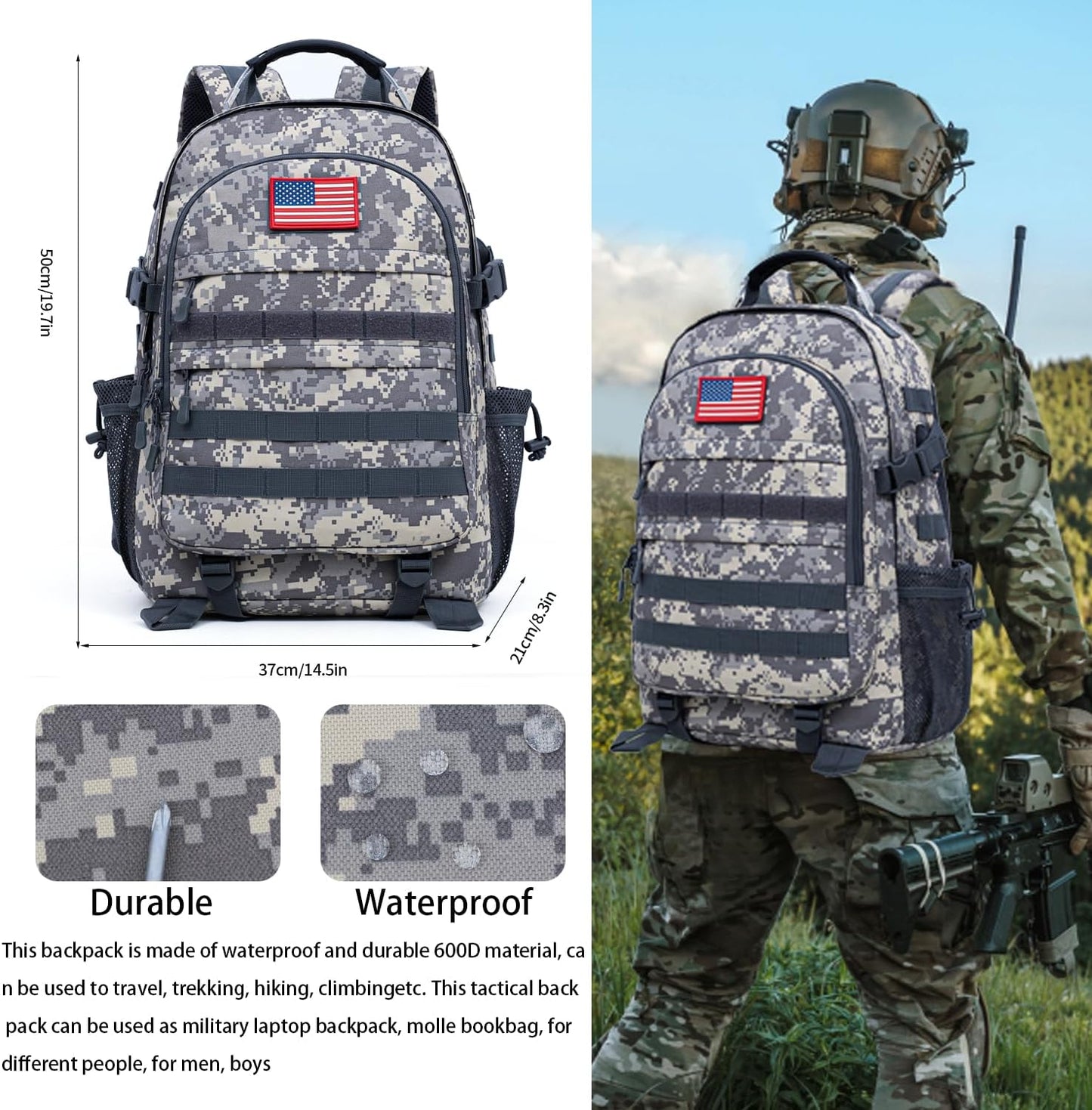outdoor plus Camo Backpack,Military Boys Backpacks for School,40L Army Bookbag with USB Charging Port Waterproof