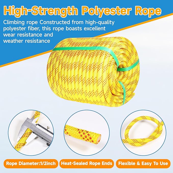 Rigging Rope 1/2 in x 150 Ft Double Braided Polyester Rope Polyester Braided Arborist 48 Strands for Various Outdoor Applications Construction Climbing Swing Sailing (Yellow, 1/2X150FT)
