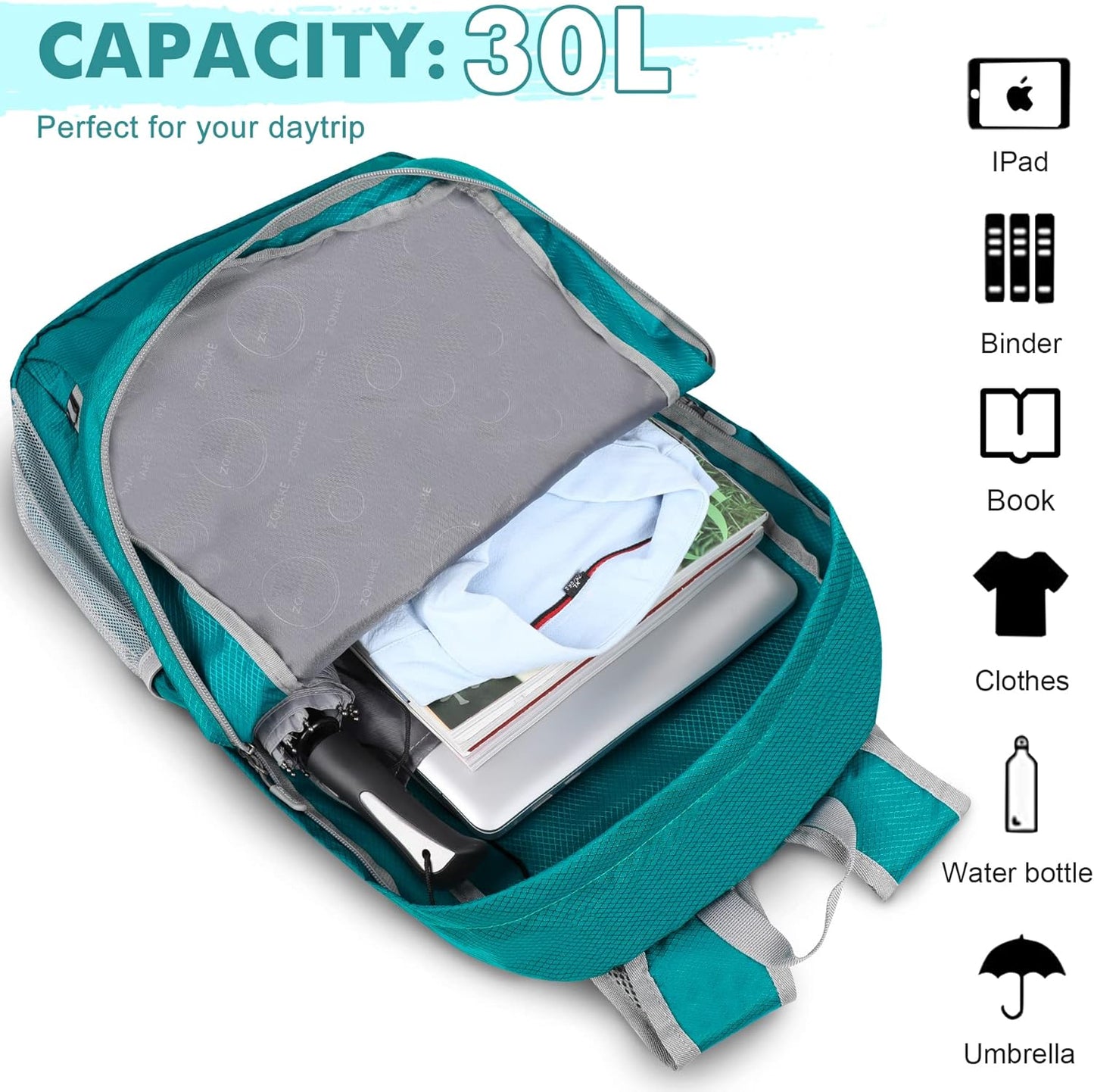 ZOMAKE Lightweight Packable Backpack 30L, Foldable Hiking Backpacks Water Resistant Compact Folding Daypack for Travel(Black)