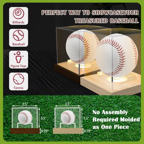 Baseball Display Case with Led Light, Light up Clear Baseball Holder with Wooden Base, Acrylic Baseball Case Display for Balls, Memorabilia Signed Baseball Display Box, Pine Wood (Line Switch)