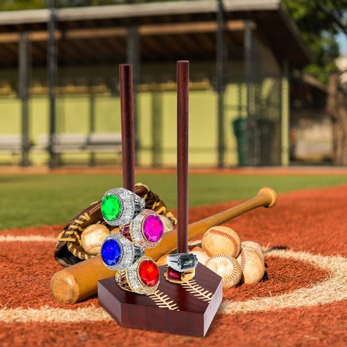 Baseball Ring Display Holder, 4.68 x 9.64 in Wooden Baseball Championship Ring Holder Softball Ring Holder Stand Baseball Ring Case Ring Storage Organizer Gift for Kids Adults(Brown)