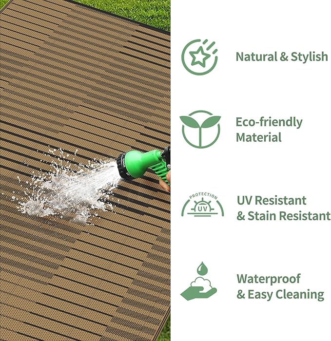 GENIMO Outdoor Rug for Patio Clearance, 8'x10' Waterproof Camping Mat, Reversible Plastic Straw Rugs for RV, Camper, Balcony, Backyard, Picnic, Deck (Black Brown)
