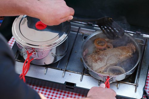 Coghlan's Stainless Steel Cook Set – Durable, Portable, and Lightweight Camping Cookware for Hiking, Backpacking, Outdoor Adventures, and Travel – Compact Mess Kit Includes Pots, Pans, and Lid Handles