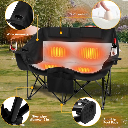 Sobalai Heated Double Camping Chair with 2 20000mAh Battery Pack, 2 Control Switches 2-Person Loveseat, 550 lbs for Outdoor Sports, Picnics, Rugby Match, Lawn. Make Your Autumn and Winter Warmer