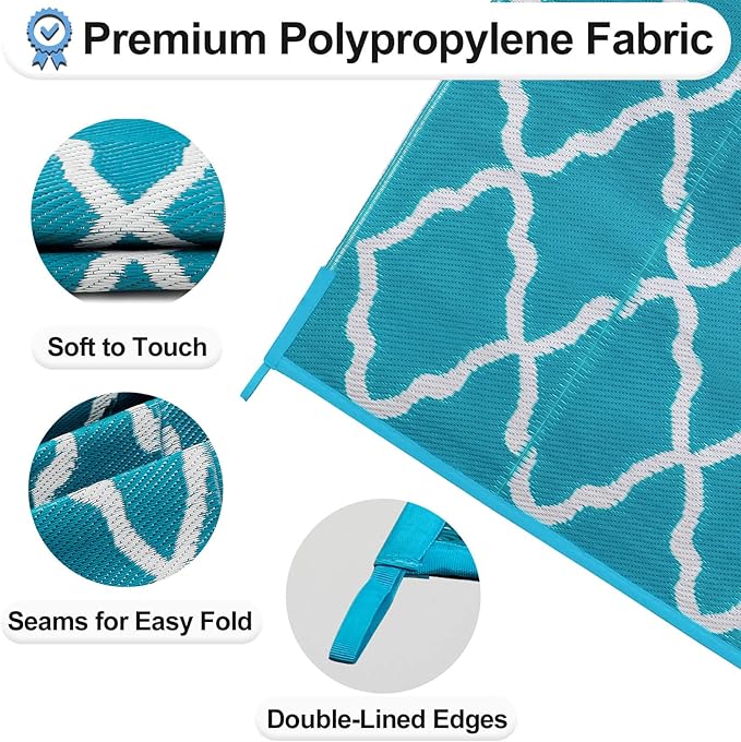 OutdoorLines Outdoor Plastic Area Rugs for Patio 5x8 ft - Reversible Outside Carpet, Stain & UV Resistant RV Mats, Straw Rug for Camping, Deck Garden, Porch and Balcony, Moroccan Teal & Light Grey