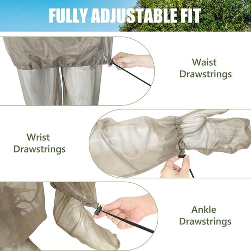 HOMEYA Bug Jacket L/XL, Anti Mosquito Netting Suit with Zipper on Hood Ultra-fine Mesh Pants Mitt Socks with Free Carry Pouch for Protecting Hunting Fishing Men Women