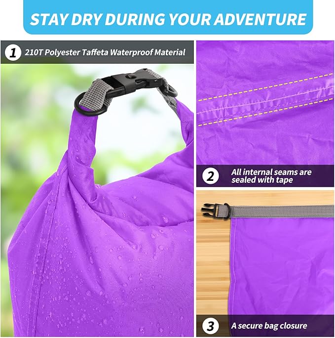 Dry Bag Set, Waterproof Small Lightweight Dry Bags for Paddle Board Kayaking, Fishing, Camping (Purple, 70L 2Pack)