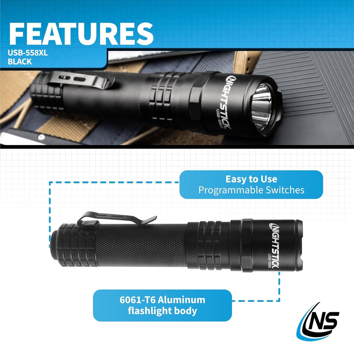 Nightstick USB-558XL USB-C Rechargeable Tactical Flashlight, Black