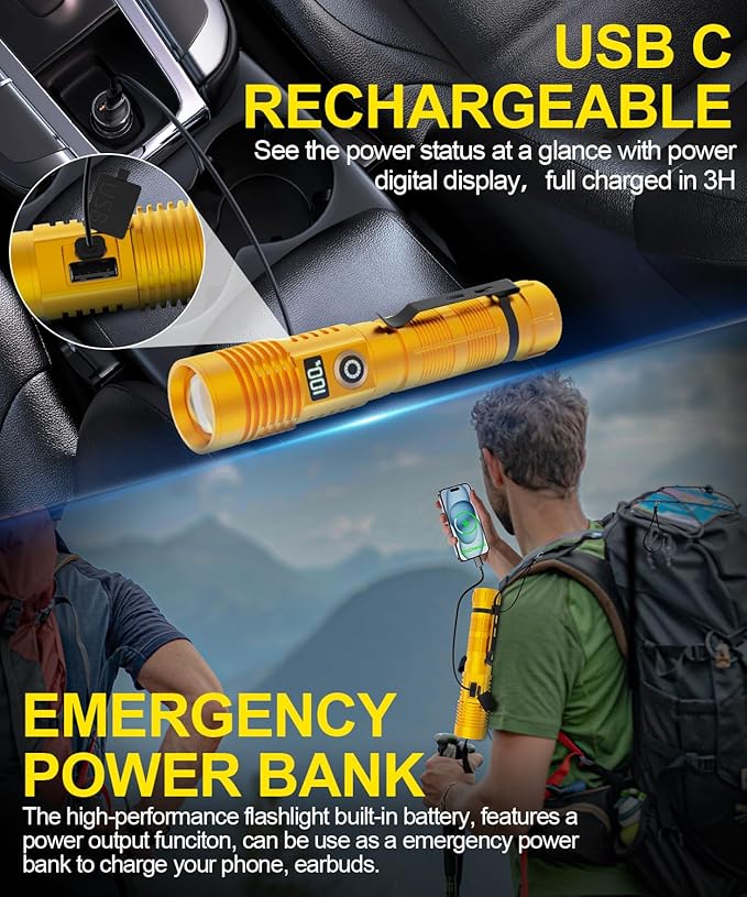 Rechargeable Flashlight High Lumens-12000LM Super Bright Magnetic Flash Light with Power Digital Display,3280Ft Long Range,Dimmable,Waterproof,Pocket Tactical LED Flashlights for Emergency,Gold 1PC