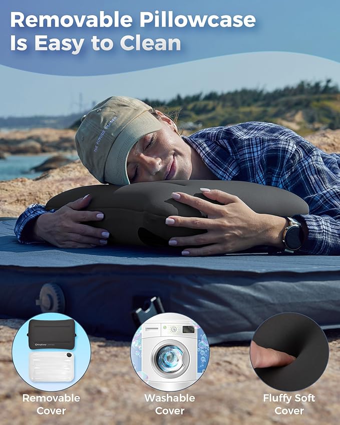 KingCamp Camping Pillow, Ultralight Inflatable Backpacking Memory Foam Air Pillow with Removable Washable Cover & Neck Lumbar Support for Camping Travel Hiking Outdoor, PVC Free (Blue)