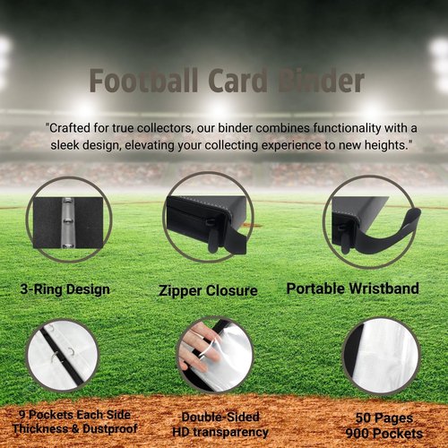 2025 Football Card Binder Trading Card Binder Holder 900 Pockets, Fits 900 Cards with 50 Removable Pages, Football Card Gifts Collector Album with Zipper Storage Display Case