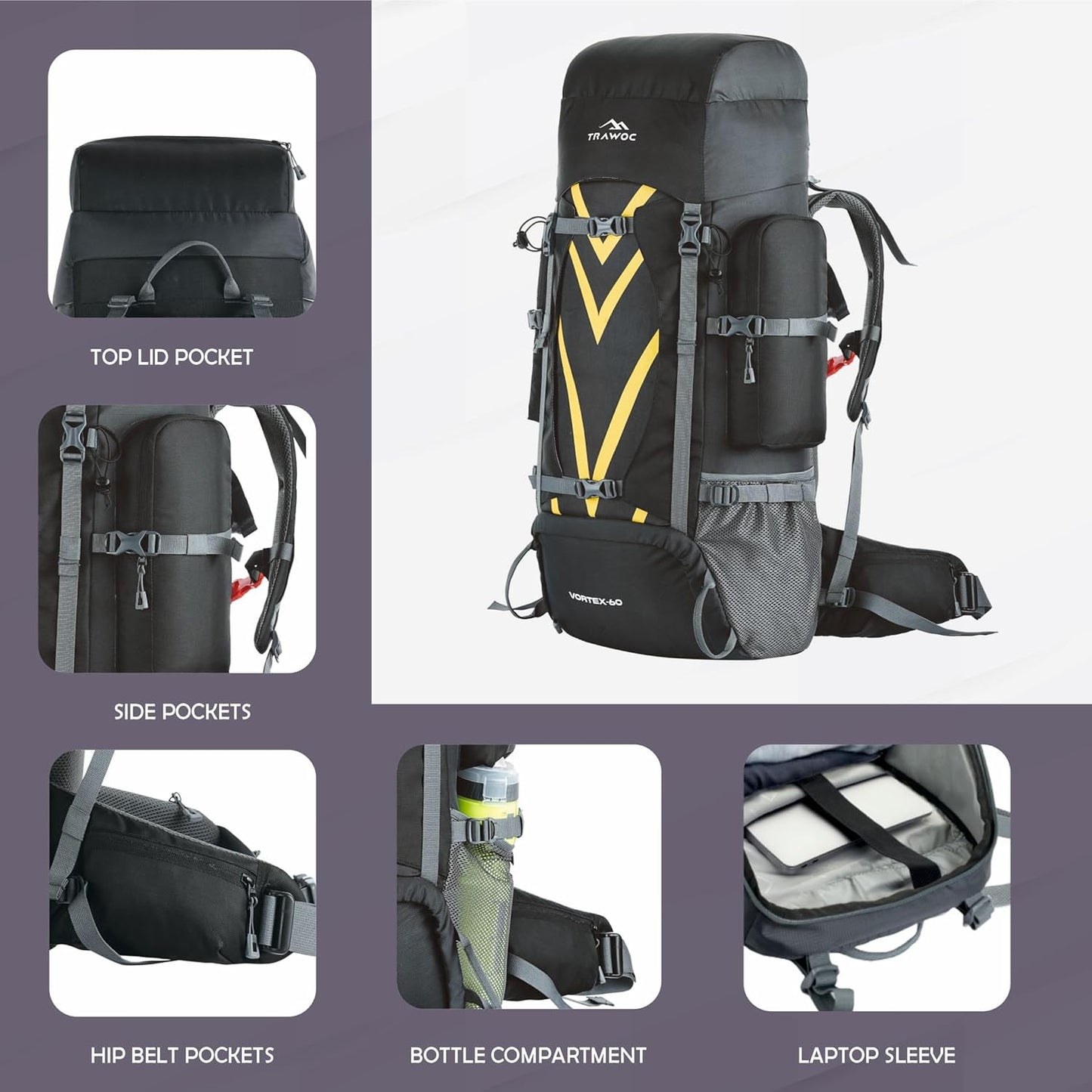 VORTEX 60L Travel Backpack - Hiking, Trekking Rucksack for Men & Women - HK004 - Black