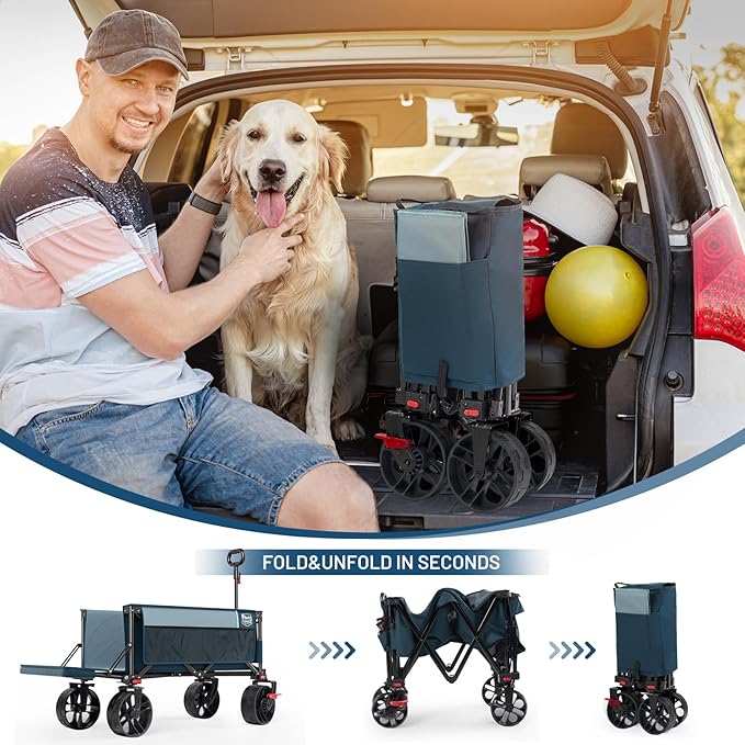 TIMBER RIDGE 47" L Collapsible Wagon with Tailgate & Brake, 300lbs Heavy Duty Beach Wagon with All-Terrain Big Wheels, 250L Foldable Utility Cart for Sand Camping Sports Shopping, Blue